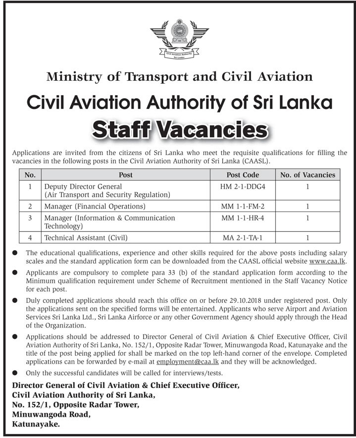 Deputy Director General, Manager (Financial Operations, ICT), Technical Assistant (Civil) - Civil Aviation Authority